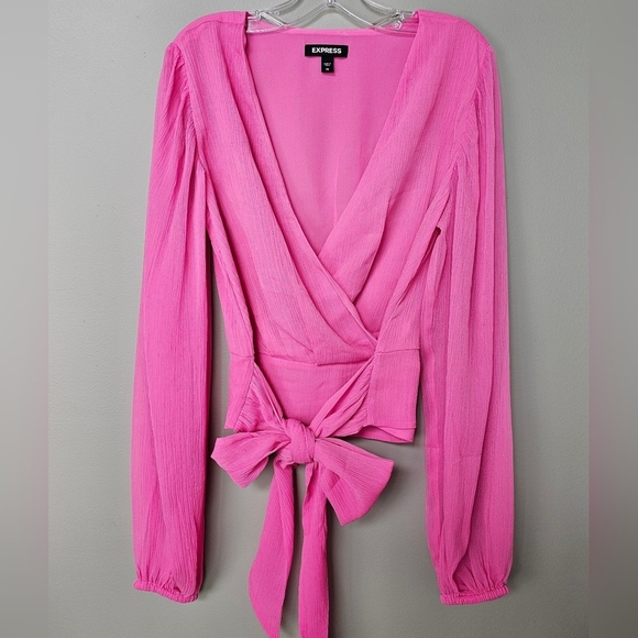 NWOT Express V-Neck Long Sleeve Faux Wrap Pleated Back Tie Waist Top, Pink, XS - Picture 6 of 9